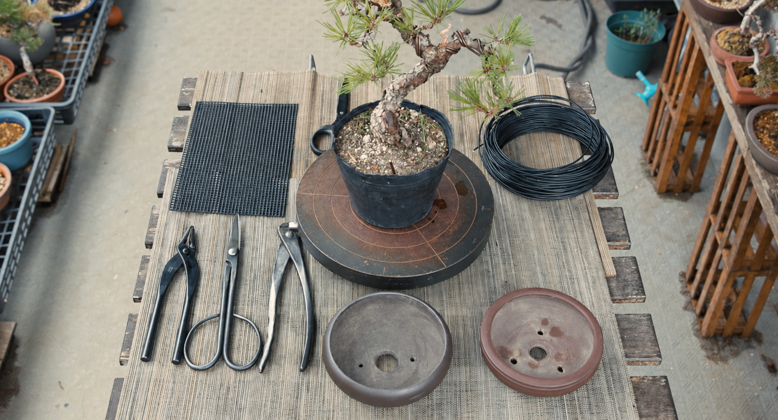 Bonsai repotting tools, drainage mesh, wire and pots on a workbench